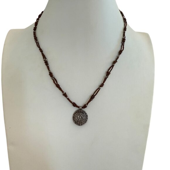 Presh designer cord sterling silver necklace dainty charm textured disc - Picture 4 of 9